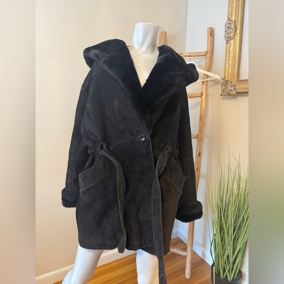 Wilsons Leather Jacket Black Suede Faux Vegan Fur Trim Vintage Retro 90’s Large - Picture 2 of 9